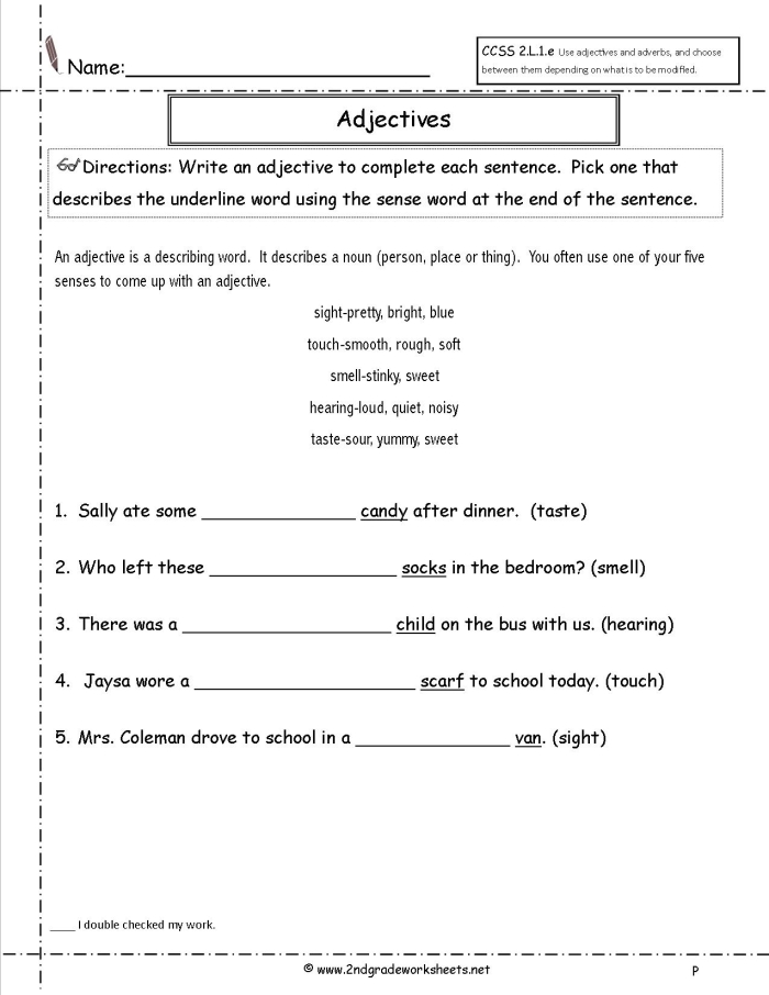 Engaging worksheet to review and learn about adjectives in a fun way Adjectives handout worksheet for first graders to enhance grammar skills