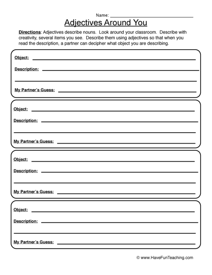 Interactive worksheet for teaching students about adjectives in a fun way Adjectives handout worksheet designed for first graders to enhance their grammar skills