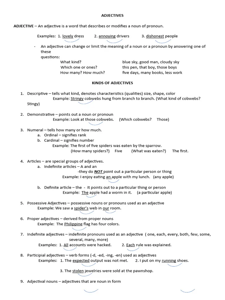 First-grade adjectives worksheet for teaching and reviewing concepts Adjectives handout worksheet for first-grade grammar lessons