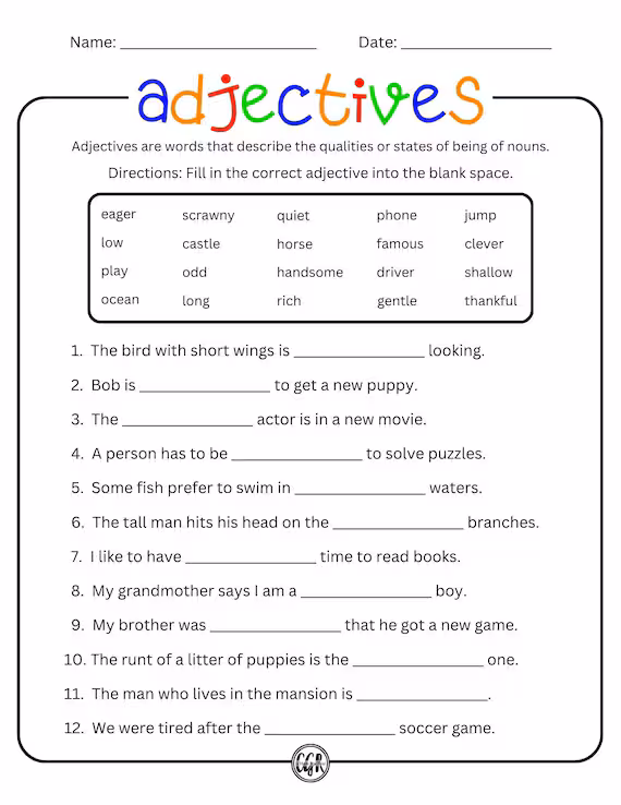 First grade adjectives worksheet for learning and reviewing descriptive words Adjectives handout worksheet designed for first graders to enhance their grammar skills