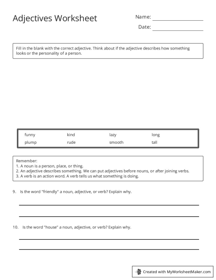 Adjective handout for first-grade grammar lessons Colorful worksheet featuring adjectives for first graders