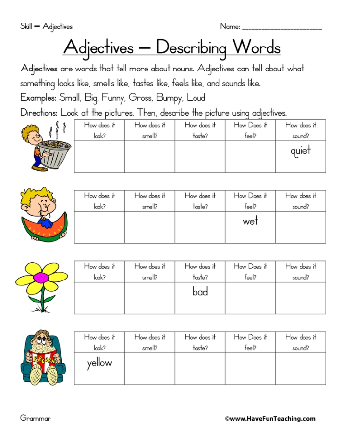 Adjectives learning worksheet for first graders First grade adjectives handout worksheet for grammar practice