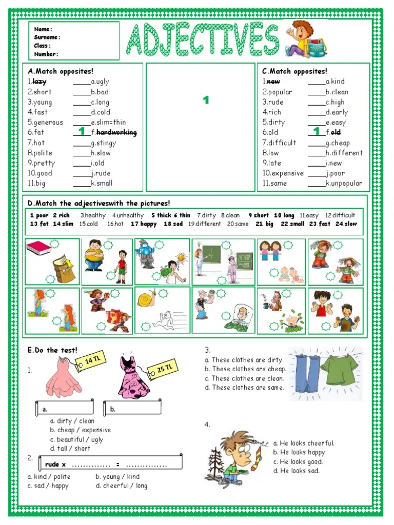 Grammar and Mechanics worksheet for First Grade Colorful worksheet for first graders focusing on adjectives in grammar. Adjectives handout for teaching and reviewing descriptive words.