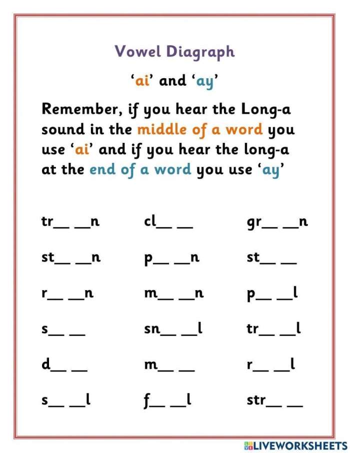 Ai vowel pair writing activity for beginning readers in first grade First grade student practicing ai vowel pair words with writing exercises on a worksheet