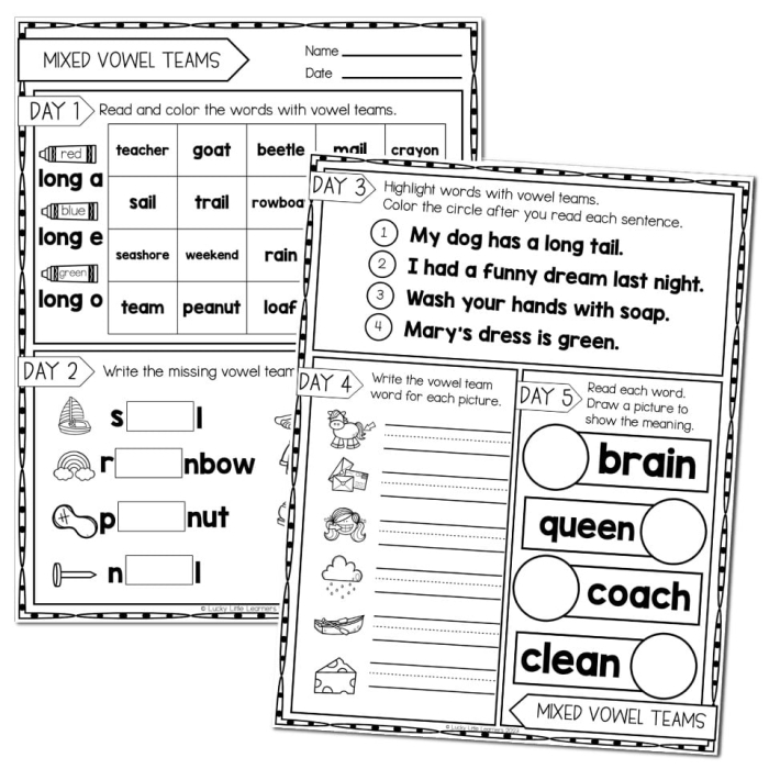 Sounding It Out Ai Vowel Pair Practice Exercise 17 First grade worksheet showing ai vowel pair words with writing activities and illustrations
