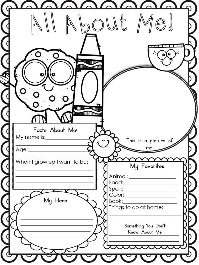 First grade student holding an All About Me worksheet with fraction activities
