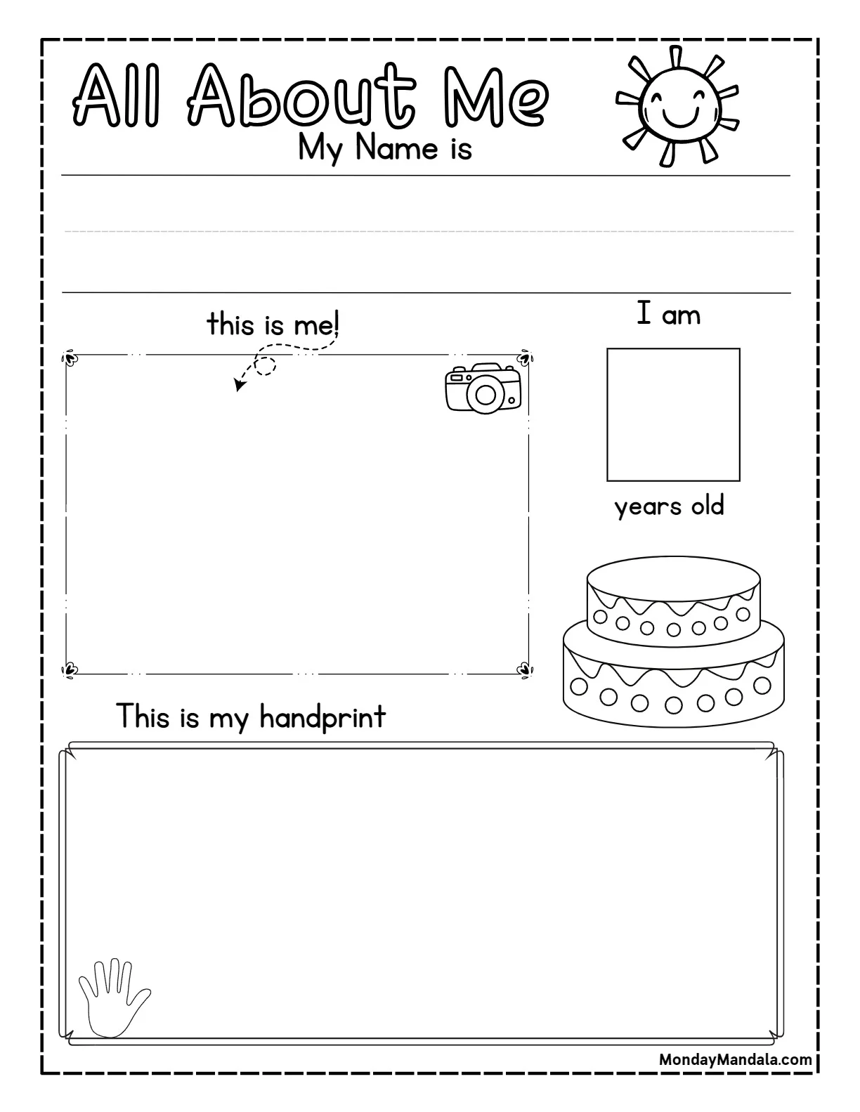 First grade student completing an all about me worksheet with fractions activity for self-expression