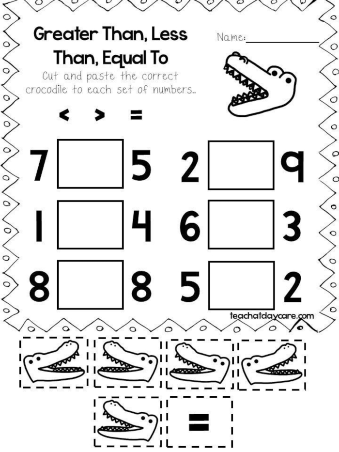 Worksheet featuring alligators teaching first graders about greater than, less than, and equal to concepts. Fun activity for mastering place value comparisons.