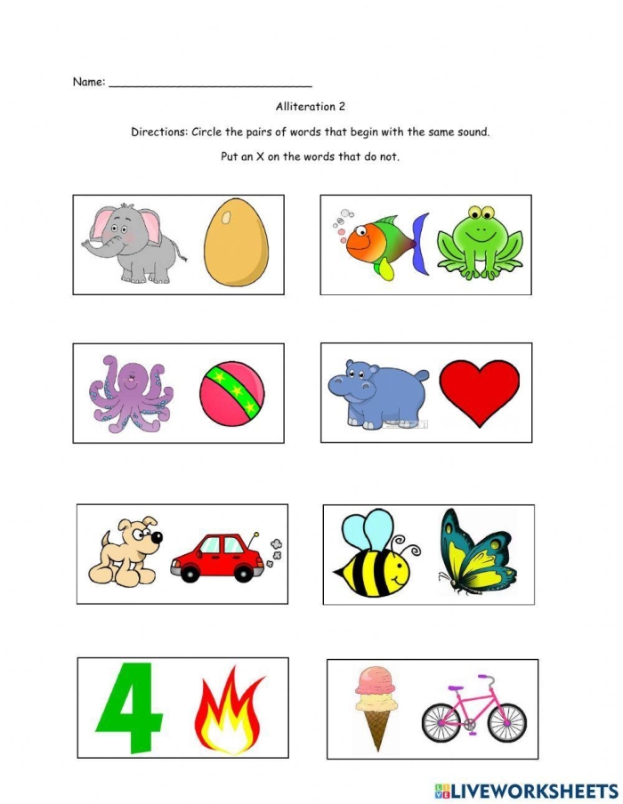 First grade student working on a fun with alliteration writing worksheet