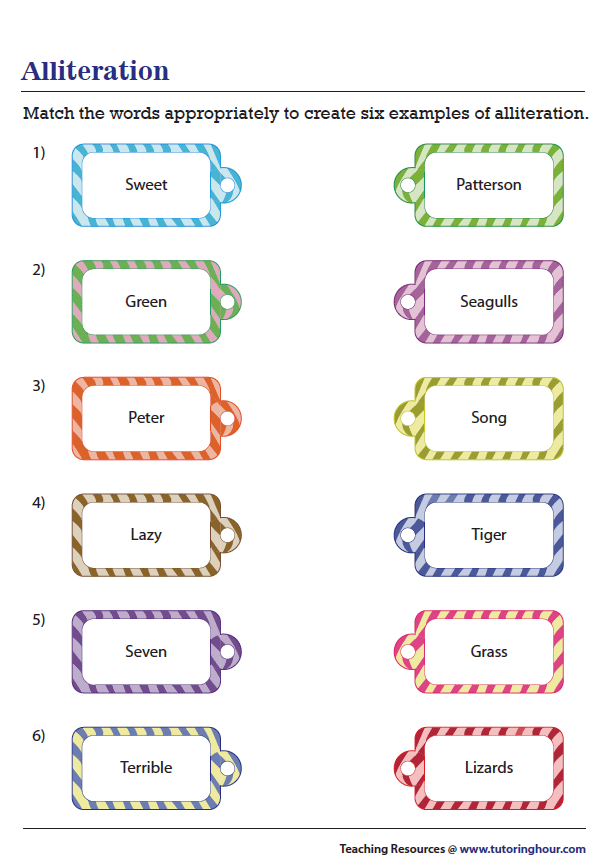 First grade students practice writing creative alliteration phrases on a phonics worksheet