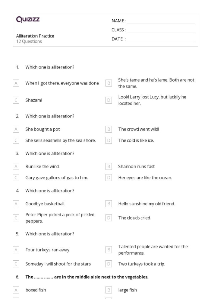 A first grade writing worksheet featuring phonics exercises for students to practice creating their own alliterations.