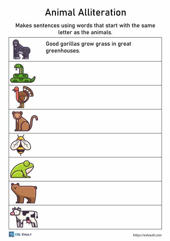 First grade student completing a writing worksheet about phonics and alliteration