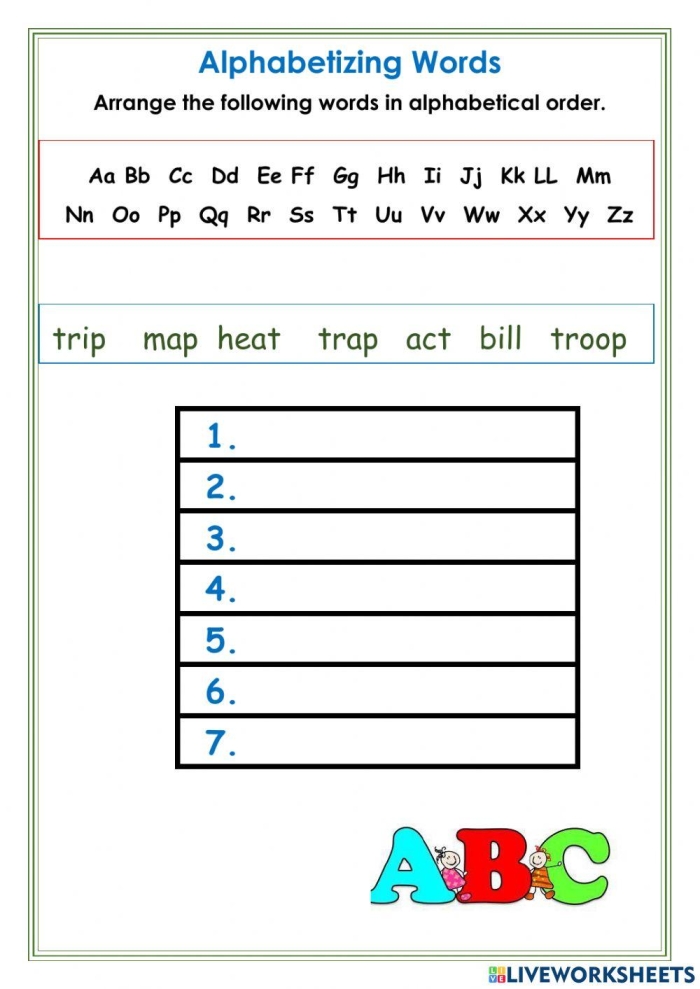 Alphabetizing Words 1 worksheet for young learners in Physical Science Worksheet for practicing alphabetizing words for first graders