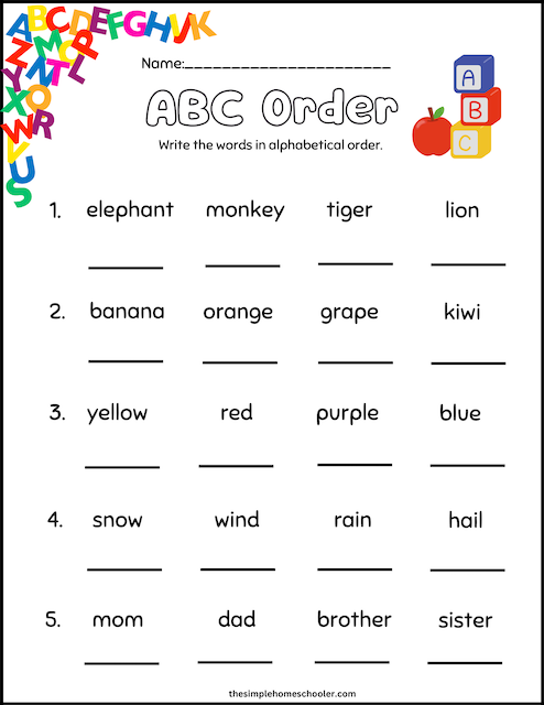 Alphabetizing Words 1 worksheet for young learners Worksheet for first graders on alphabetizing words in the context of physical science