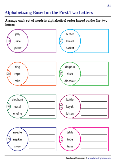 Physical Science worksheet for First Grade Worksheet for first graders focused on alphabetizing words using their knowledge of the alphabet. Educational resource titled Alphabetizing Words 1 for young learners in physical science.