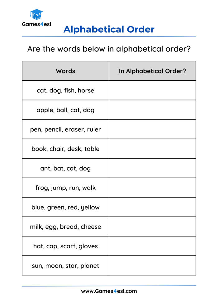 Alphabetizing Words 1 worksheet for first grade students in physical science Worksheet for first graders on alphabetizing words using their knowledge of the alphabet