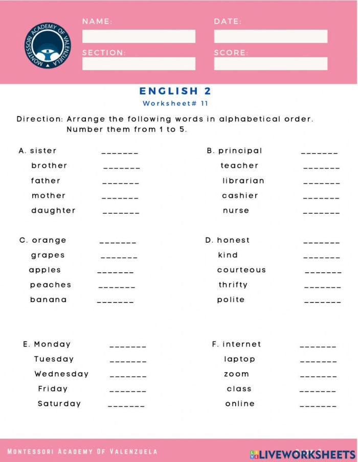 Alphabetizing Words 1 worksheet for physical science students Worksheet for first graders to practice alphabetizing words using their ABCs