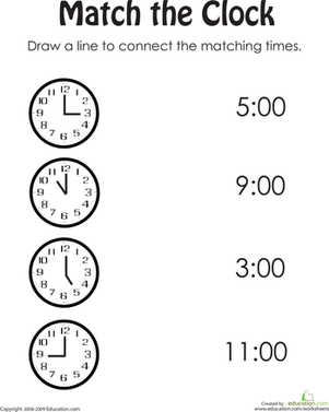 First grade math worksheet for matching analog clocks to the correct time on the hour