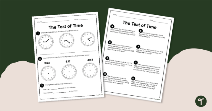 Time Quiz Worksheet Multiplication Grade One Number Two First grade math worksheet featuring an analog clock quiz for practicing time telling skills