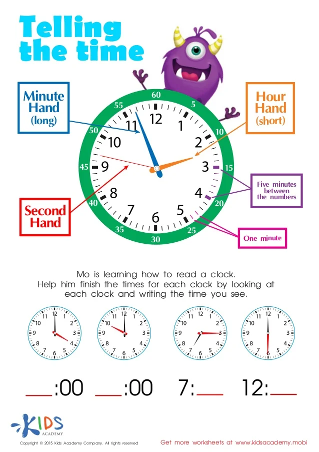First grade worksheet for learning to tell time on an analog clock