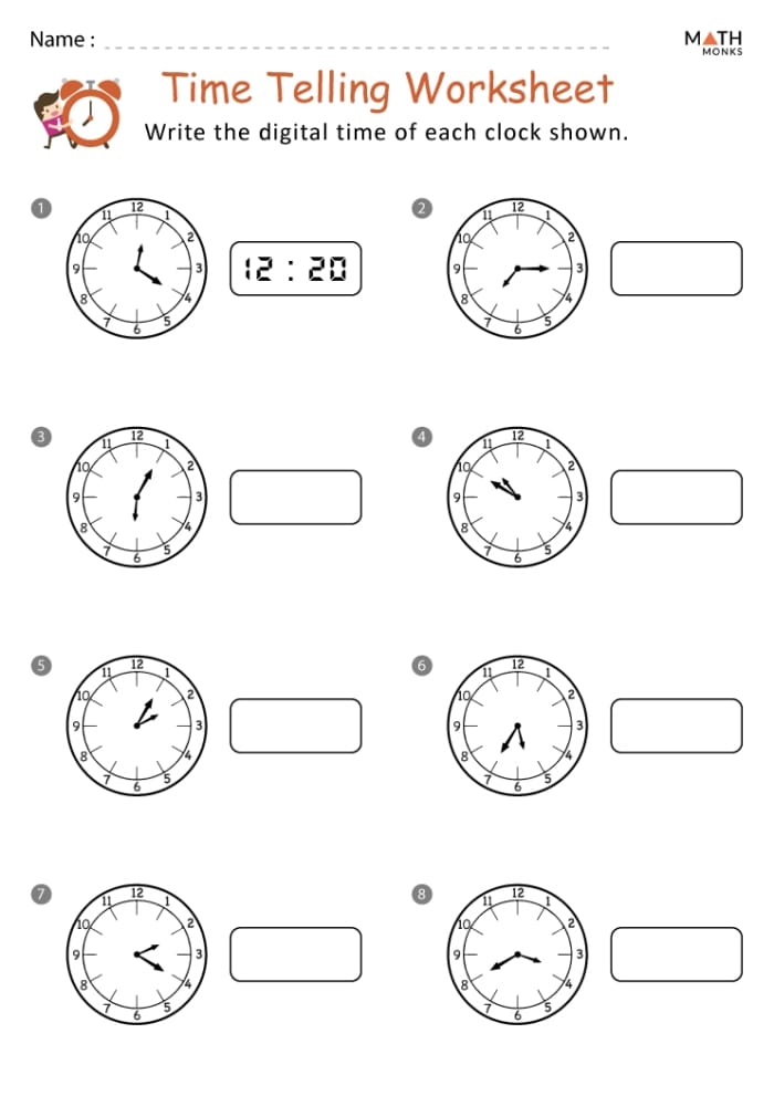 First grade student practicing reading analog clocks with a learning to tell time worksheet 22