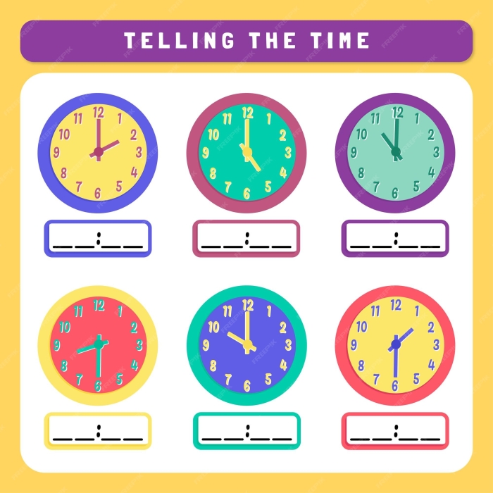 Colorful worksheet for first graders to practice telling time to the hour on an analog clock