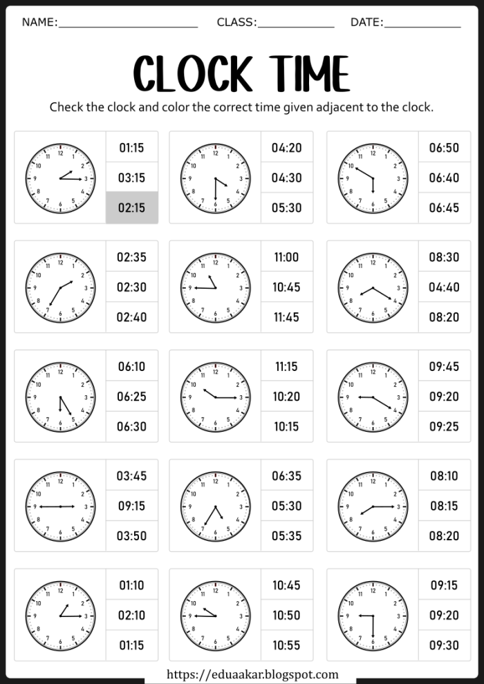 Worksheet for first graders to practice reading analog clocks and telling time