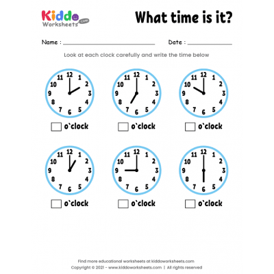 First grade worksheet for practicing time with an analog clock