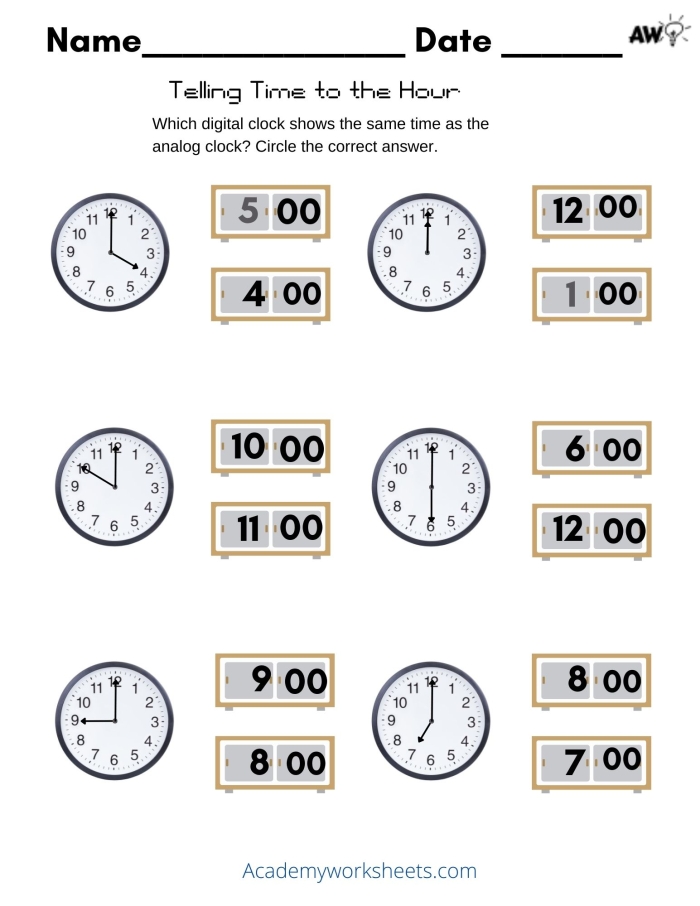 Worksheet for first graders practicing how to read analog clocks