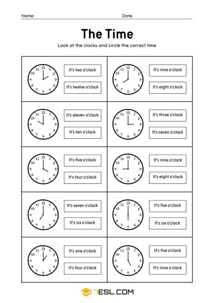 Find the Time Worksheet Number 12 for First Grade Grammar and Mechanics First grade student practicing how to read an analog clock on a Find the Time worksheet