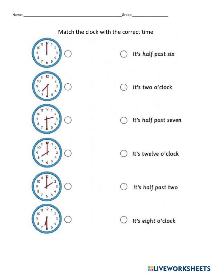 Fill-in-the-bubbles quiz to enhance time-telling skills for young learners First-grade Time Quiz worksheet focusing on telling time with analog clocks