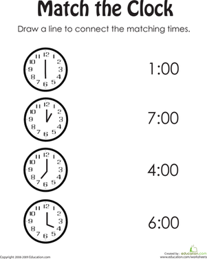 First grade geometry worksheet for matching analog clocks to the correct time on the hour