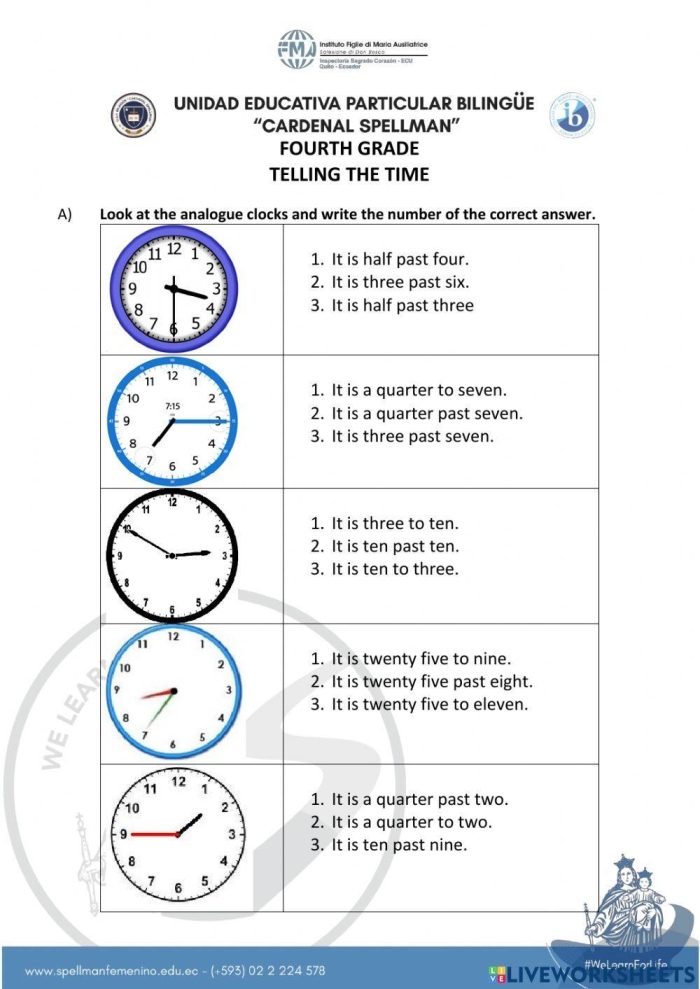 Time Quiz Worksheet Number 23 Multiplication Practice for First Graders First grade math worksheet featuring an analog clock for a time telling quiz