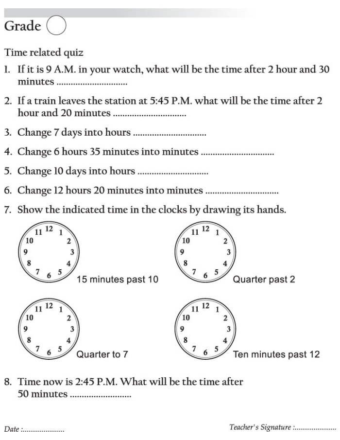 Fill-in-the-bubbles quiz to reinforce time skills in multiplication practice Time Quiz worksheet for first graders focusing on telling time with an analog clock