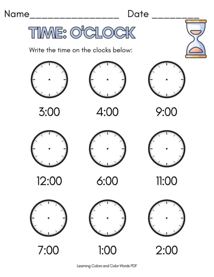 Colorful worksheet for first graders to practice telling time to the hour on an analog clock