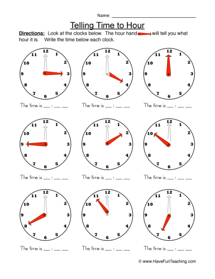 Colorful worksheet for first graders to practice telling time to the hour on an analog clock