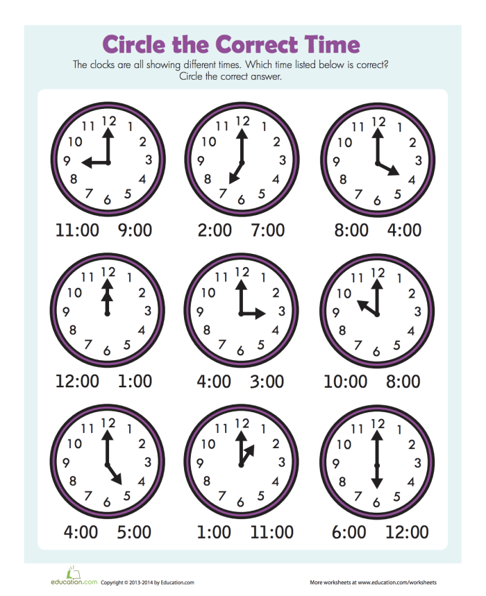 Colorful worksheet for first graders practicing telling time to the hour on an analog clock