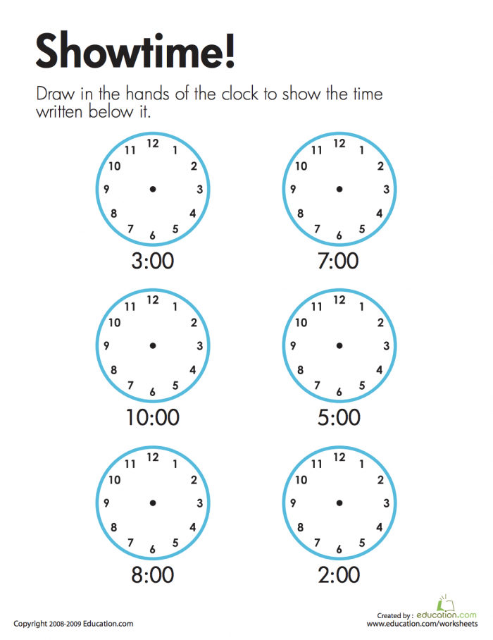 Telling Time: Showtime! worksheet for first graders, image number 23 Students practicing telling time by converting digital to analog on a clock worksheet