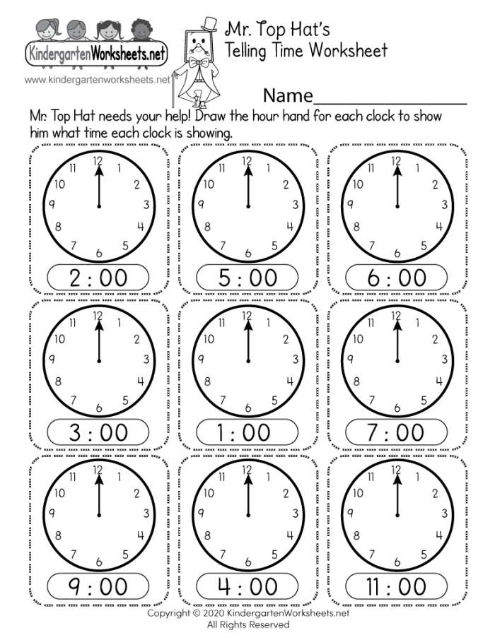 Colorful worksheet for first graders practicing telling time to the hour on an analog clock