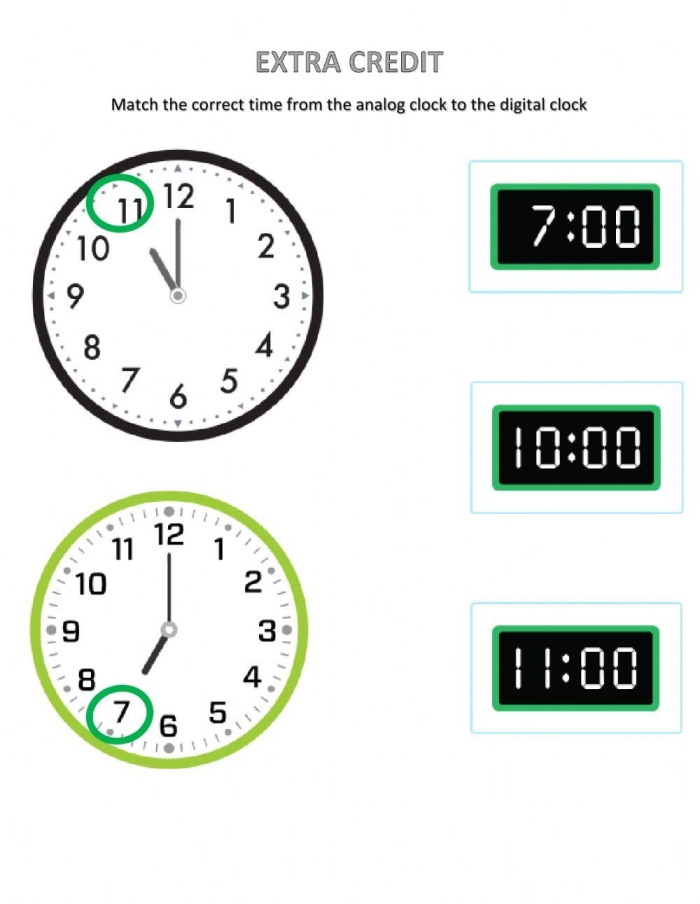 First grade student practicing how to read an analog clock on the Time Mix Up worksheet