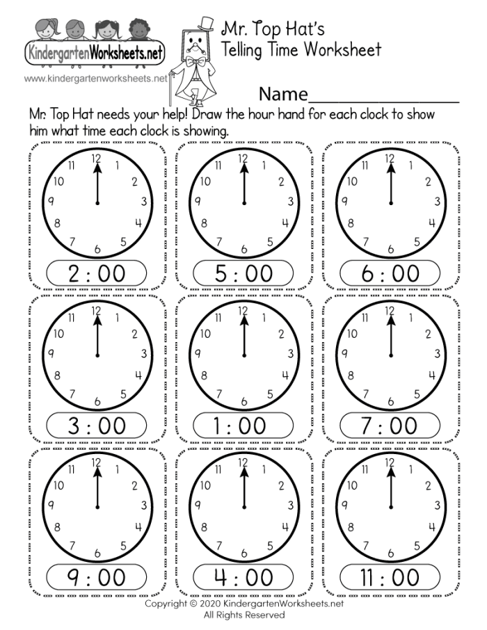 First grade student practicing reading an analog clock on a learning to tell time worksheet