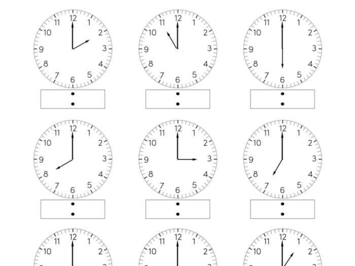 Colorful worksheet for first graders to practice telling time to the hour on an analog clock