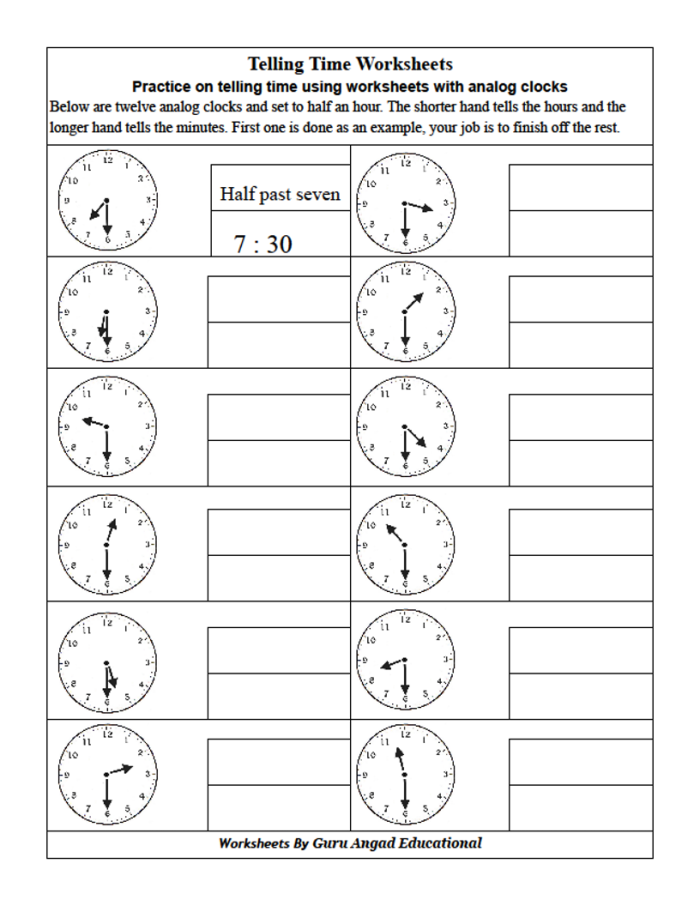 Colorful worksheet for first graders practicing telling time to the hour on an analog clock