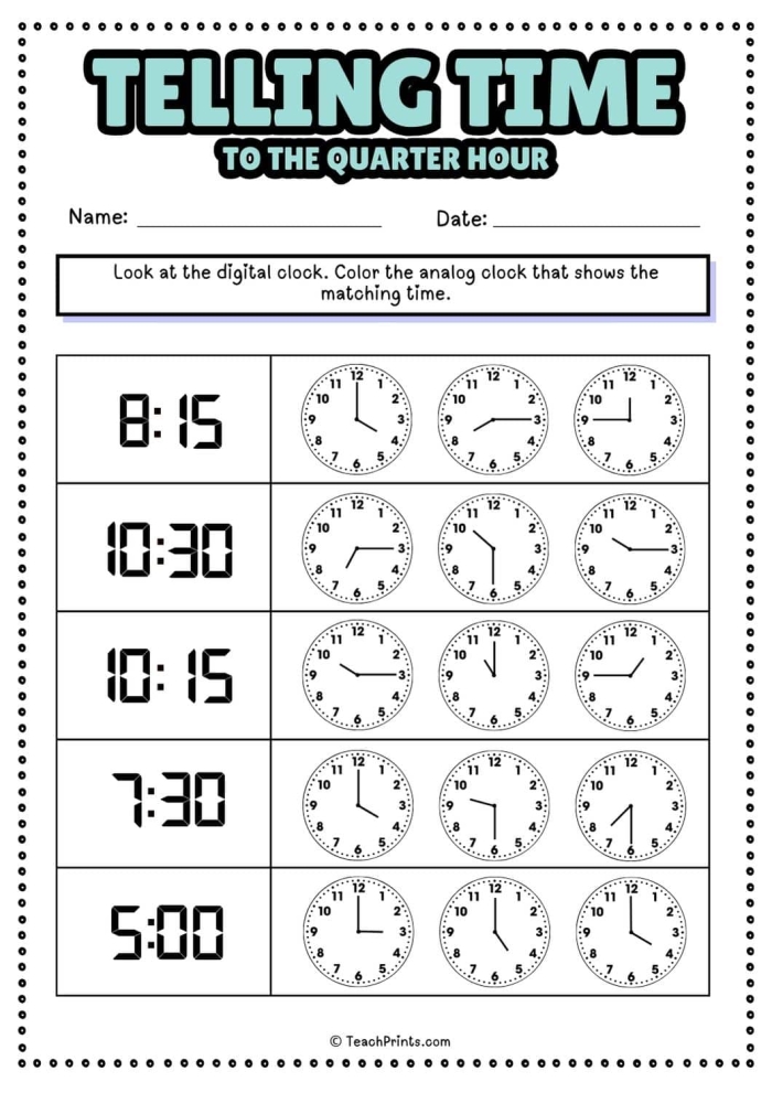 Colorful worksheet for first graders practicing telling time to the hour on an analog clock