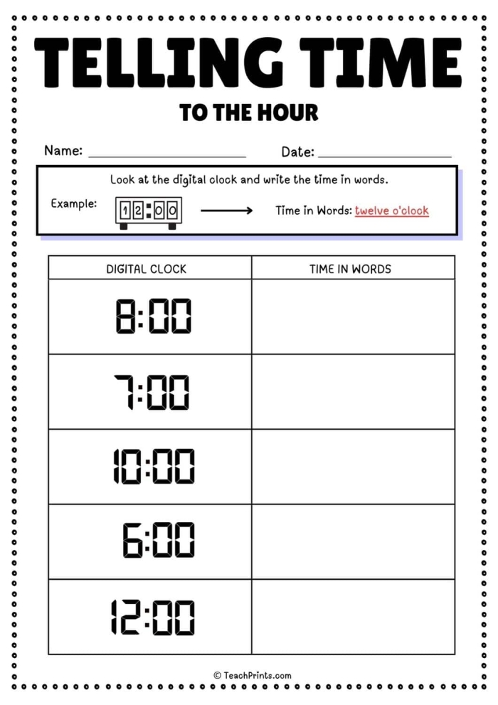 Colorful first-grade worksheet for practicing telling time to the hour on an analog clock