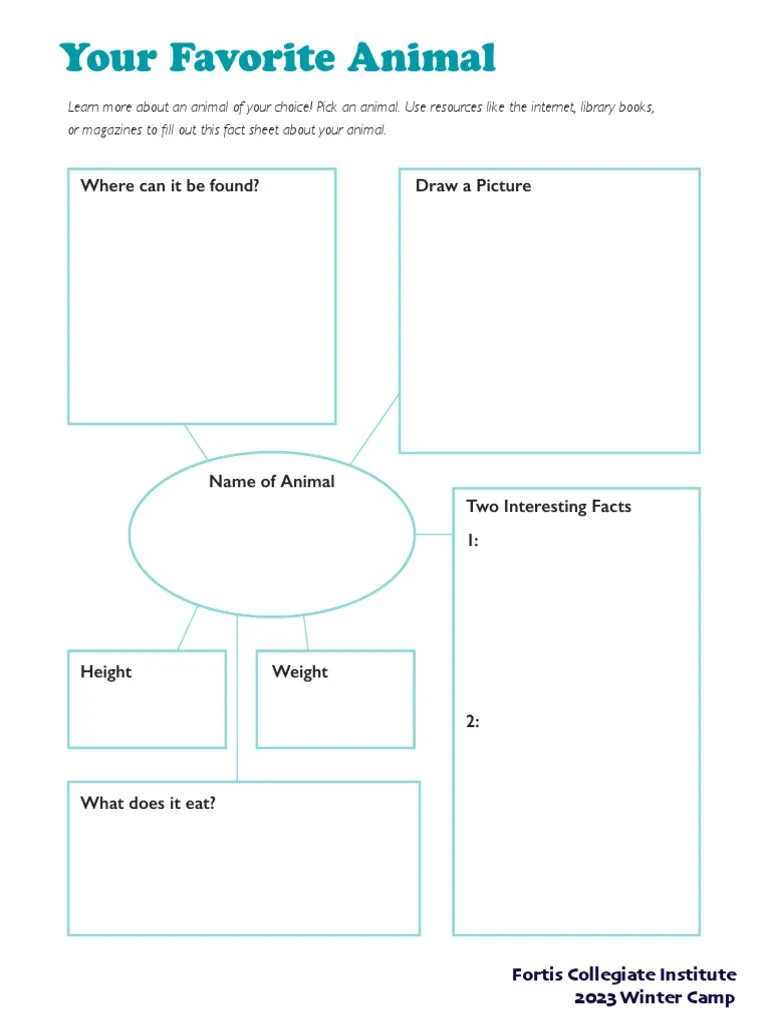 First grade student worksheet featuring an animal research graphic organizer for classroom writing activities
