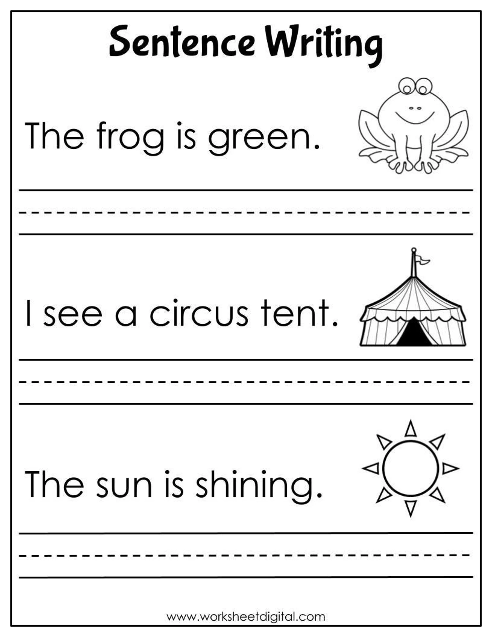 Colorful worksheet for first graders to practice sentence writing about animals