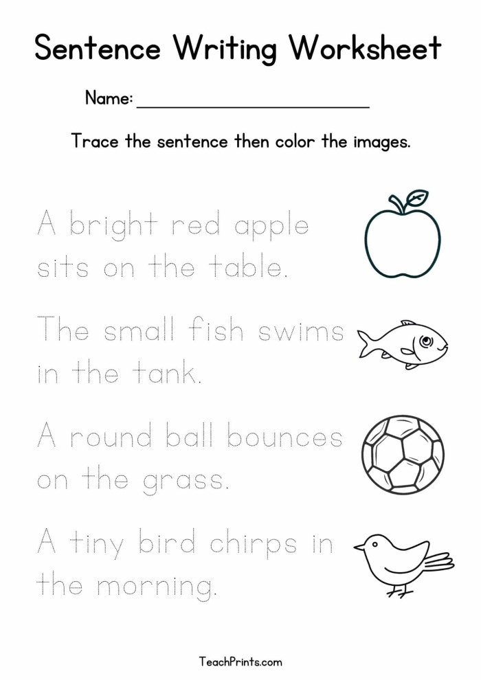 First grade student using a creative animal sentence writing worksheet