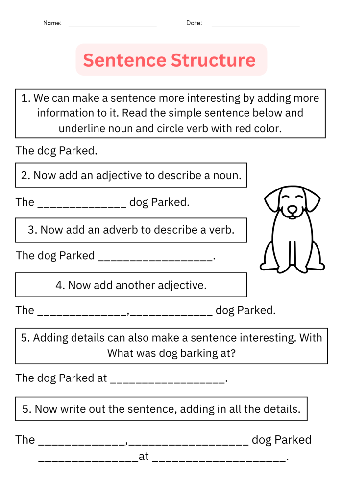 Worksheet for first graders focusing on sentence writing about animals