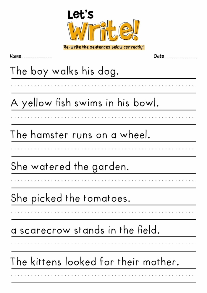 First grade student filling out a Sentence Writing Animals worksheet with creative animal prompts